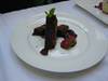 Winning dessert: chocolate brownie, chocolate sauce and wild strawberry puree