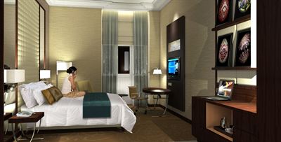 A computer generated image of a guest room at Renaissance Hotel Kiev