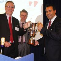 Mick Shaddock and Stephen Goodliff of CESA award Deano Kennett right of Bunzl Lockhart the Distributor Cup 2012
