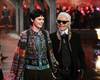 Model Stella Tennant and Karl Lagerfeld walk the runway at Chanel's Métiers d'Art show at Linlithgow Palace