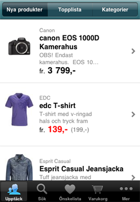 Ellos iPhoneapplikation - produktkategorier 