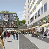 Hornstulls nya stadsdelscentrum kvarteret Bulten 19, torgbild Långholmsgatan, visionsbild: w+e  