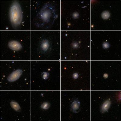 Ett litet urval om 16 galaxer (av de 30 000 galaxer som analyserats av Kambiz Fathi) belyser den variationsrikedom som dessa galaxer har uppnått, trots deras likheter med Vintergatan. Foto: K.Fathi/Sloan Digital Sky Survey