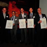 Climate Solvers 2011, från vänster Peo Ohlsson och Klas Berglöf, Climacheck, Andreas Andersson, SEEC, Stefan Gabrielsson, Chargestorm och Anders Lundström, Svenska Aerogel.