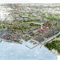 Flygperspektiv över Norra Djurgårdsstaden i Hjorthagen.