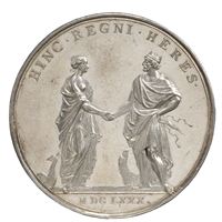 På kung Karl X1:s och Ulrika Eleonoras bröllopsmedalj från 1680 jämförs deras bröllop med de olympiska gudarna Jupiter och Junos heliga giftermål.  Foto: Kungl. Myntkabinettet  Bildtext 4: