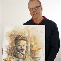 Håkan Groop med hans porträtt av Augusti Strindberg