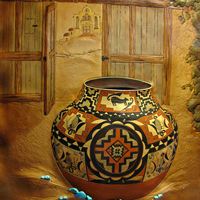 Old Santa Fe - Pictorial Leather Sculpture by Roger Kull