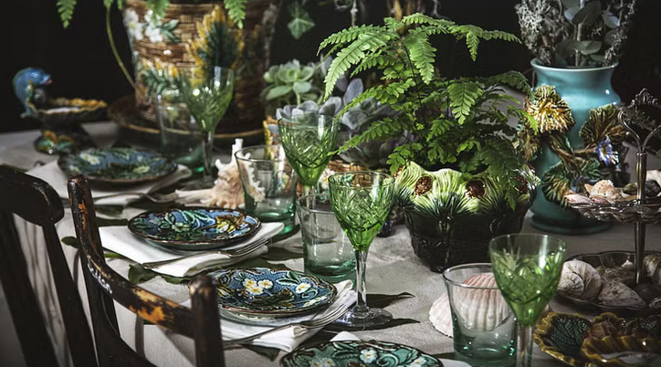 A table with plates and glasses
Description automatically generated