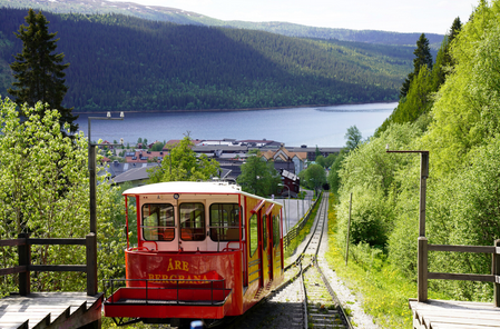 A red train on tracks with a lake in the background
AI-generated content may be incorrect.