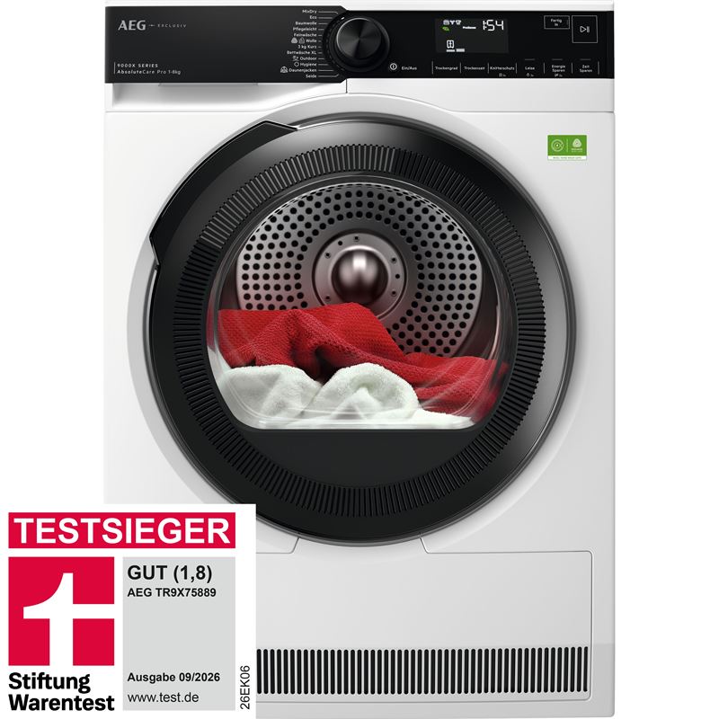 AEG W&auml;schetrockner TR9X75889 Freisteller mit Testsieger Logo