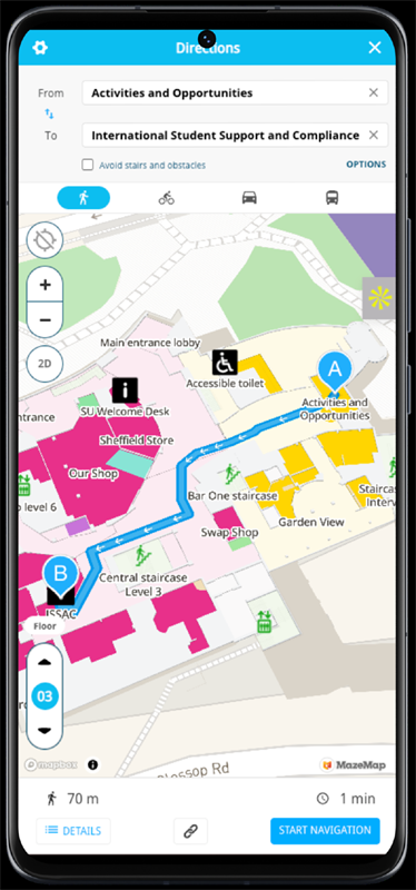 An on-screen route from “Activities and Opportunities” to “International Student Support and Compliance” using MazeMap’s digital navigation at Sheffield SU. The system supports accessible routing, helping students move confidently through the Union’s complex indoor spaces.
