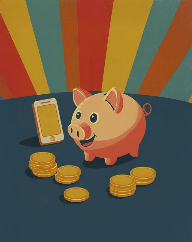 Affischbild fr utstllningen Frn spargris till Swish p Tumba bruksmuseum